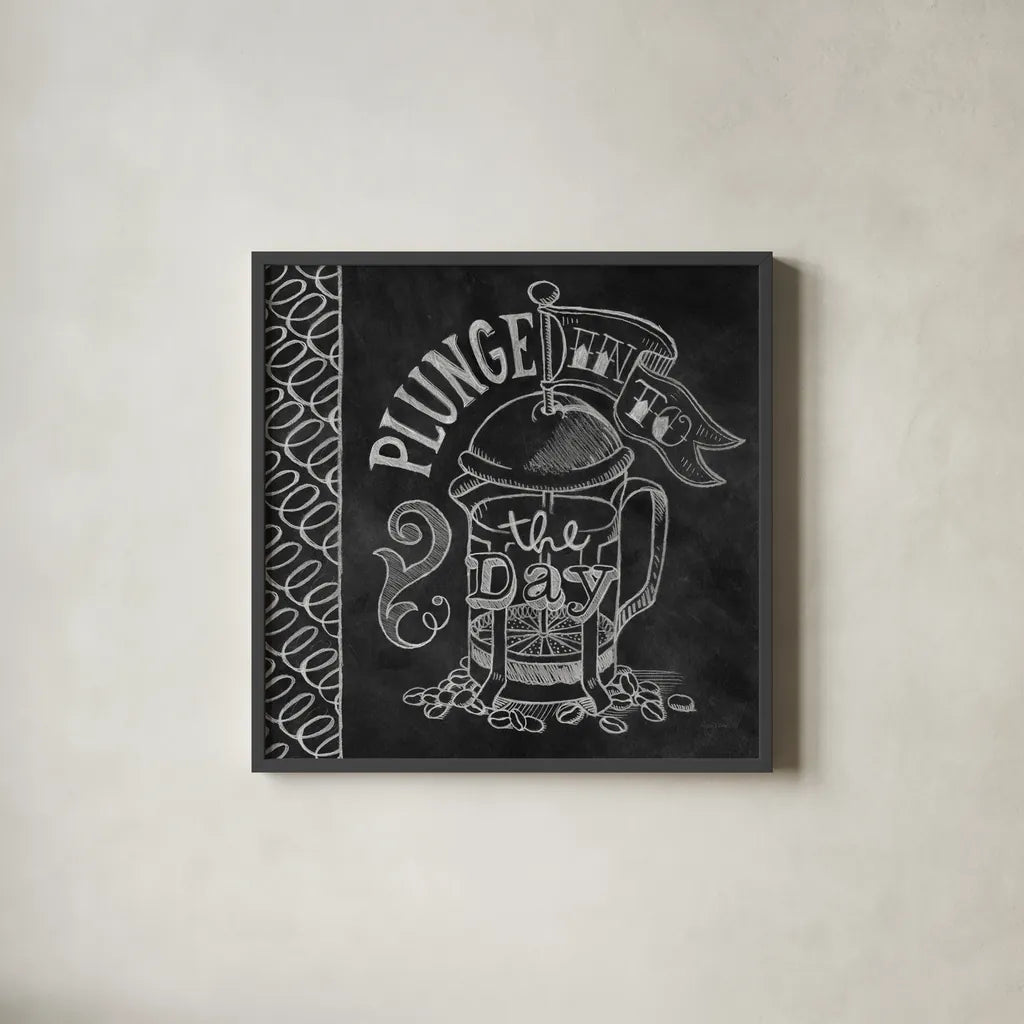 Plunge Into the Day by Mary Urban. Shown in a sleek black glass frame for a contemporary gallery look. Available as an archival giclee rolled canvas, fine art paper, or poster print. SKU 19842a.