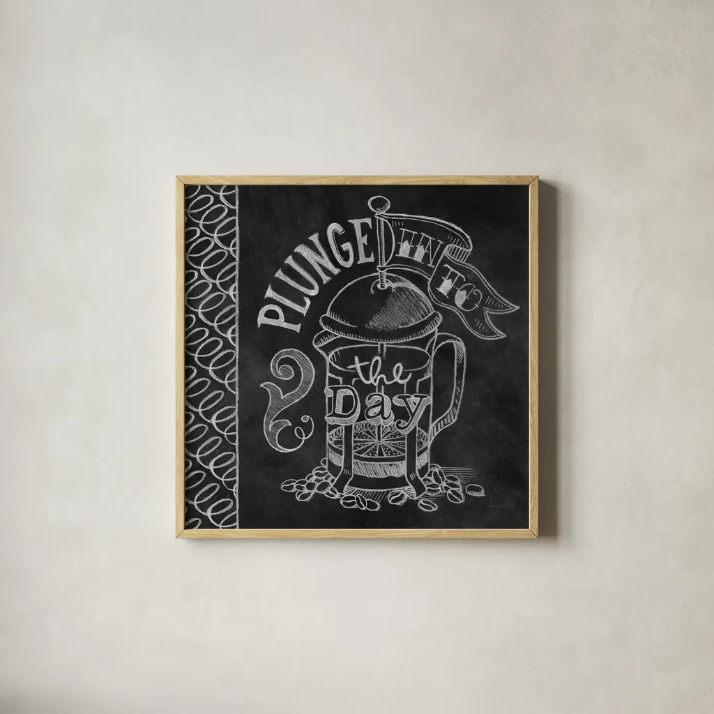 Plunge Into the Day by Mary Urban. Shown in a natural wood glass frame for a timeless modern aesthetic. Available as an archival giclee rolled canvas, fine art paper, or poster print. SKU 19842a.