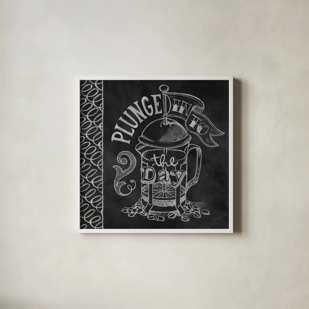 Plunge Into the Day by Mary Urban. Shown in a crisp white glass frame for a clean and minimalist style. Available as an archival giclee rolled canvas, fine art paper, or poster print. SKU 19842a.