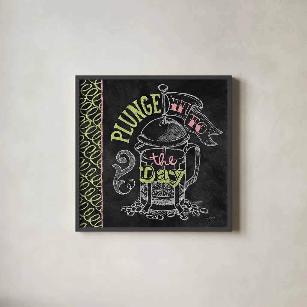 Plunge Into the Day Color by Mary Urban. Shown in a sleek black glass frame for a contemporary gallery look. Available as an archival giclee rolled canvas, fine art paper, or poster print. SKU 38639a.