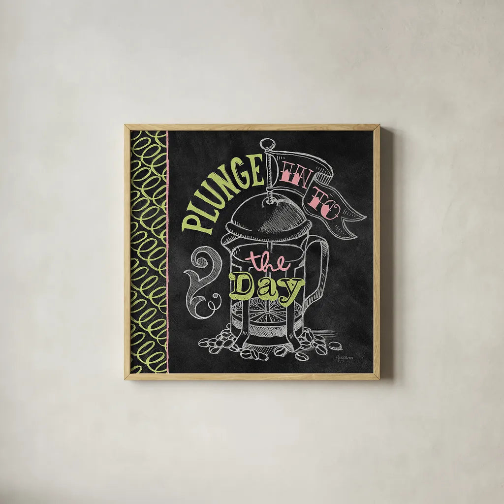 Plunge Into the Day Color by Mary Urban. Shown in a natural wood glass frame for a timeless modern aesthetic. Available as an archival giclee rolled canvas, fine art paper, or poster print. SKU 38639a.