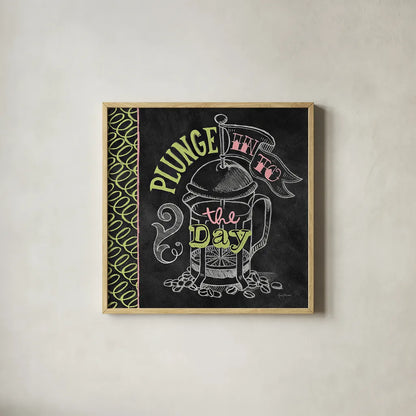 Plunge Into the Day Color by Mary Urban. Shown in a natural wood glass frame for a timeless modern aesthetic. Available as an archival giclee rolled canvas, fine art paper, or poster print. SKU 38639a.