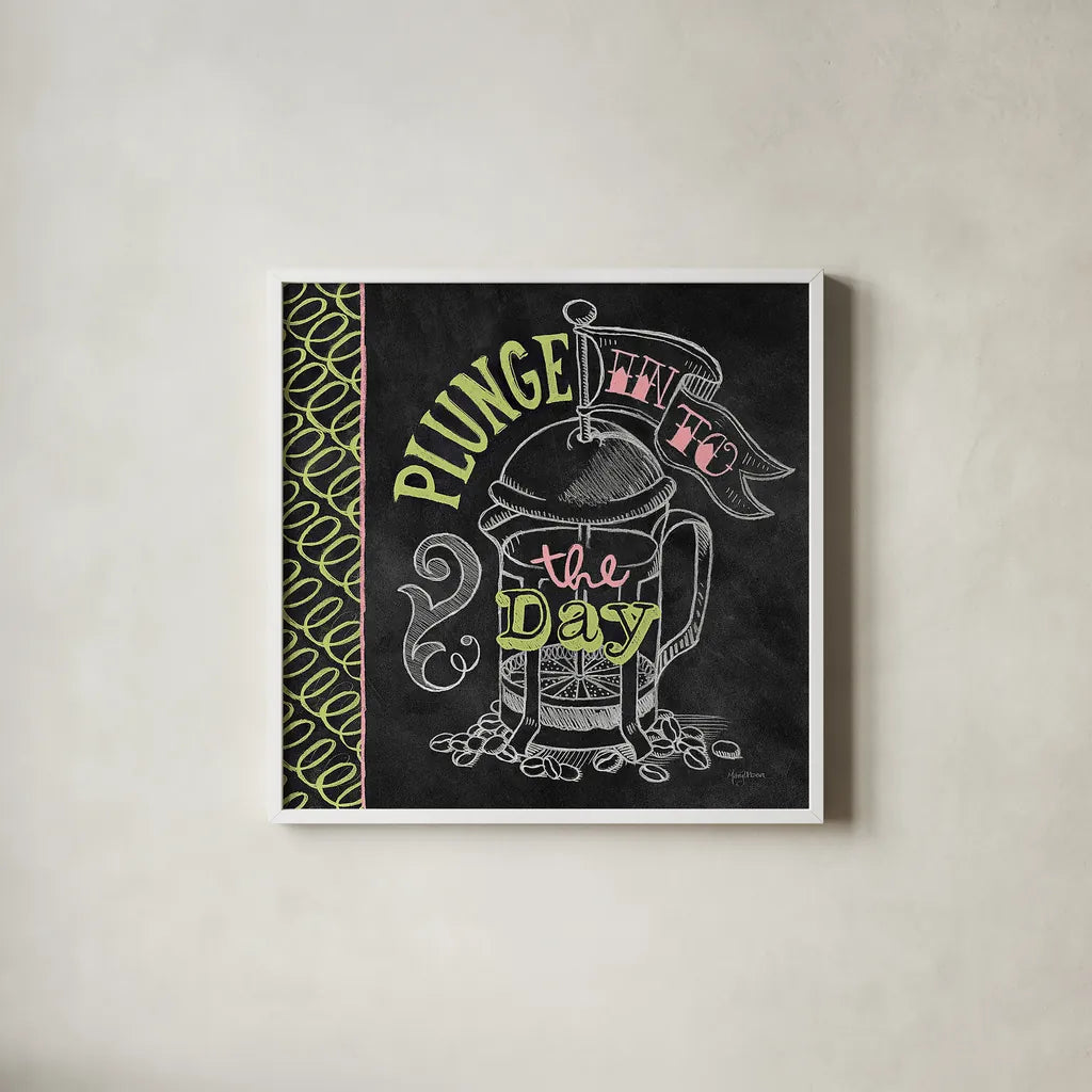 Plunge Into the Day Color by Mary Urban. Shown in a crisp white glass frame for a clean and minimalist style. Available as an archival giclee rolled canvas, fine art paper, or poster print. SKU 38639a.