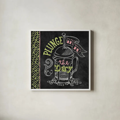 Plunge Into the Day Color by Mary Urban. Shown in a crisp white glass frame for a clean and minimalist style. Available as an archival giclee rolled canvas, fine art paper, or poster print. SKU 38639a.