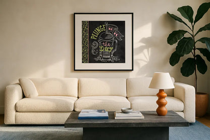 Plunge Into the Day Color by Mary Urban. Displayed in a glass frame with matte in a clean modern living room. Available as an archival giclee rolled canvas, fine art paper, or poster print. SKU 38639a.