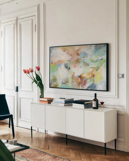 Possibilities by Mary Urban. shown as a framed stretched canvas in a living room above a console. Available as a archival giclee rolled canvas, fine art paper, or poster print. SKU 56264i.