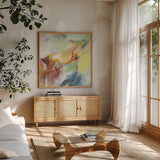 Possibilities III Crop by Mary Urban. Shown in a natural wood frame in a cozy modern living room. Available as an archival giclee rolled canvas, fine art paper, or poster print. SKU 57490a.