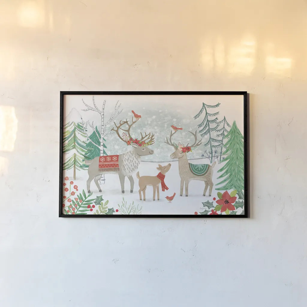 Reindeer Jubilee I by Mary Urban. shown as a paper print in a black flame. Available as a archival giclee rolled canvas, fine art paper, or poster print. SKU 57102i.