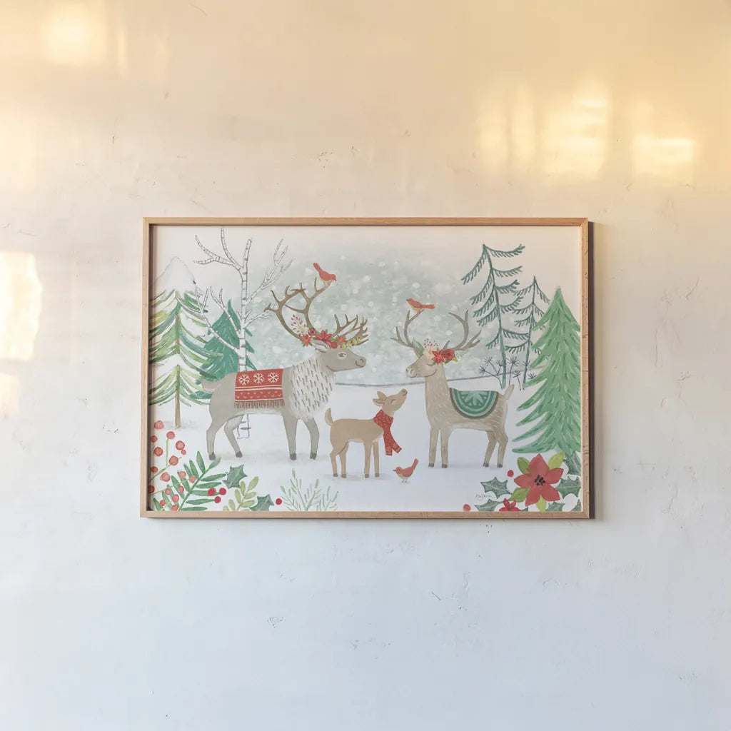 Reindeer Jubilee I by Mary Urban. shown as a paper print in a natural frame. Available as a archival giclee rolled canvas, fine art paper, or poster print. SKU 57102i.