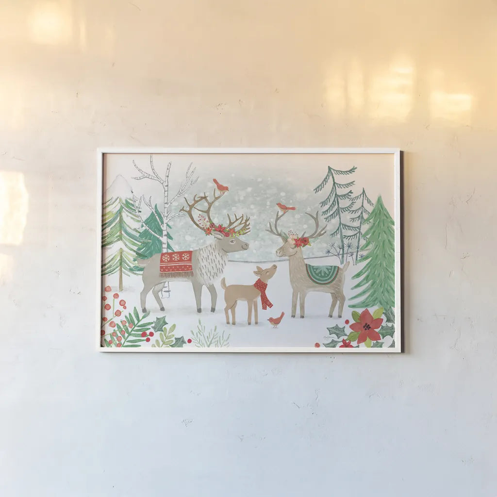 Reindeer Jubilee I by Mary Urban. shown as a paper print in a white frame. Available as a archival giclee rolled canvas, fine art paper, or poster print. SKU 57102i.