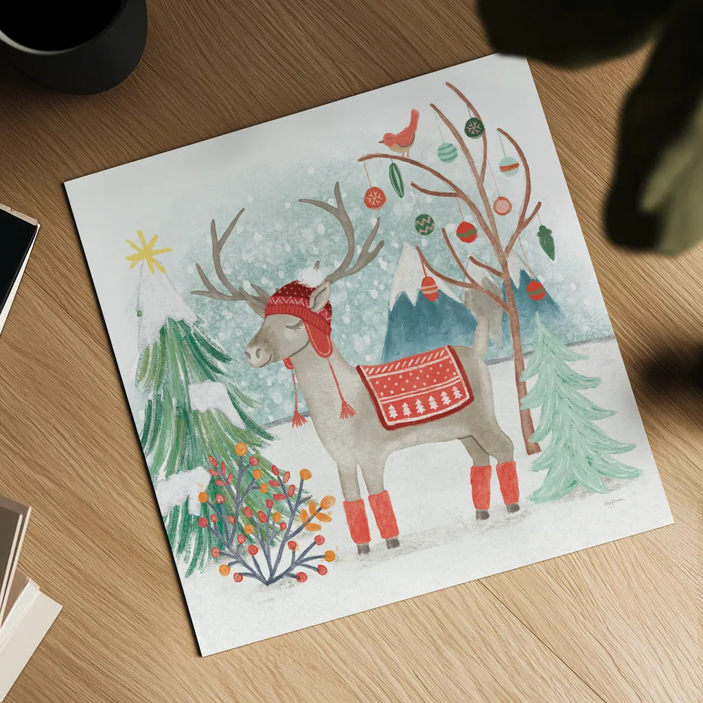 Reindeer Jubilee II by Mary Urban. Shown as a detailed flat fine art print, highlighting archival giclee quality. Available as an archival giclee rolled canvas, fine art paper, or poster print. SKU 57103a.