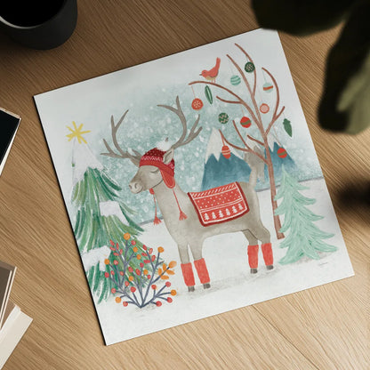 Reindeer Jubilee II by Mary Urban. Shown as a detailed flat fine art print, highlighting archival giclee quality. Available as an archival giclee rolled canvas, fine art paper, or poster print. SKU 57103a.