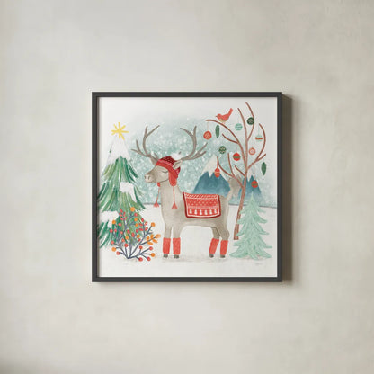 Reindeer Jubilee II by Mary Urban. Shown in a sleek black glass frame for a contemporary gallery look. Available as an archival giclee rolled canvas, fine art paper, or poster print. SKU 57103a.