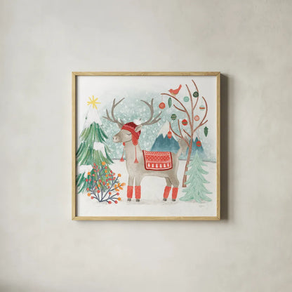 Reindeer Jubilee II by Mary Urban. Shown in a natural wood glass frame for a timeless modern aesthetic. Available as an archival giclee rolled canvas, fine art paper, or poster print. SKU 57103a.