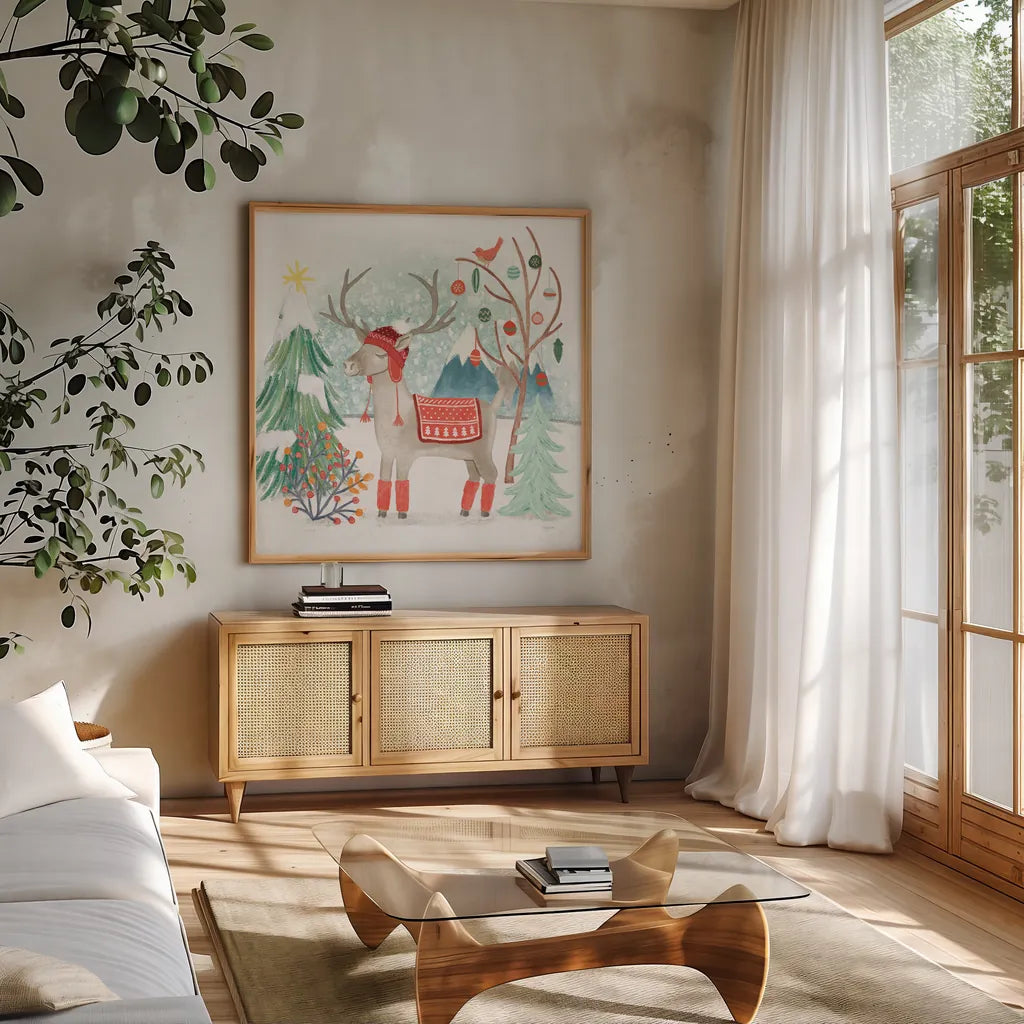 Reindeer Jubilee II by Mary Urban. Shown in a natural wood frame in a cozy modern living room. Available as an archival giclee rolled canvas, fine art paper, or poster print. SKU 57103a.