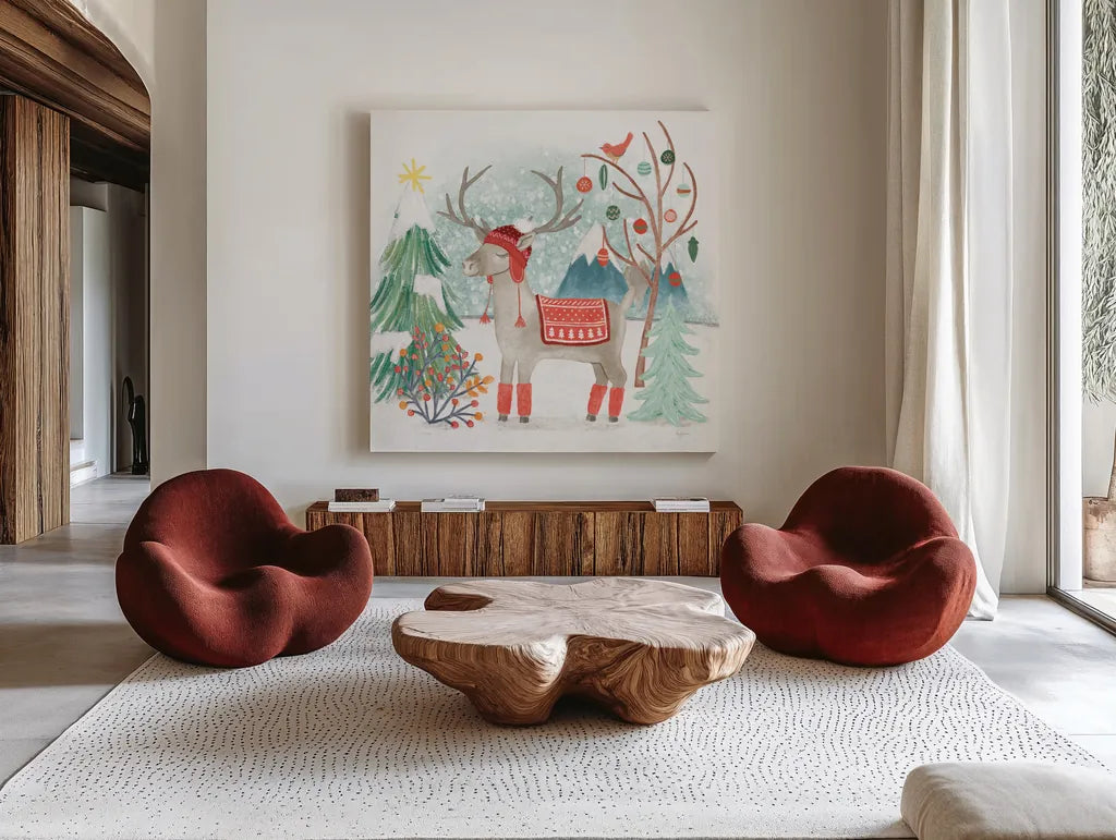 Reindeer Jubilee II by Mary Urban. Shown as extra-large giant wall art in a modern living room. Available as an archival giclee rolled canvas, fine art paper, or poster print. SKU 57103a.