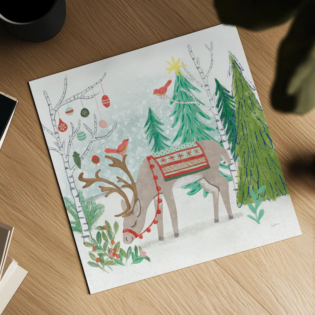 Reindeer Jubilee III by Mary Urban. Shown as a detailed flat fine art print, highlighting archival giclee quality. Available as an archival giclee rolled canvas, fine art paper, or poster print. SKU 57104a.