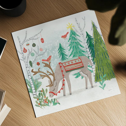 Reindeer Jubilee III by Mary Urban. Shown as a detailed flat fine art print, highlighting archival giclee quality. Available as an archival giclee rolled canvas, fine art paper, or poster print. SKU 57104a.