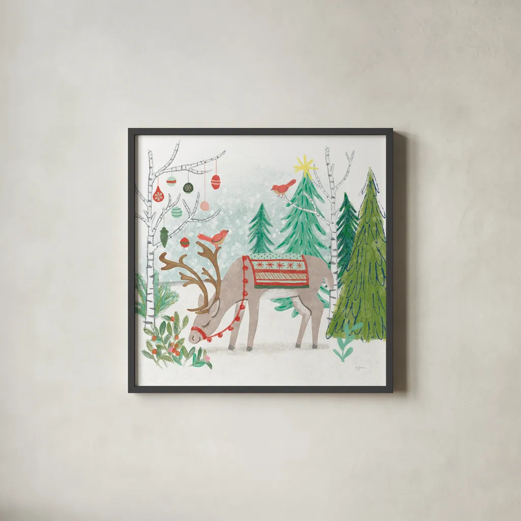 Reindeer Jubilee III by Mary Urban. Shown in a sleek black glass frame for a contemporary gallery look. Available as an archival giclee rolled canvas, fine art paper, or poster print. SKU 57104a.