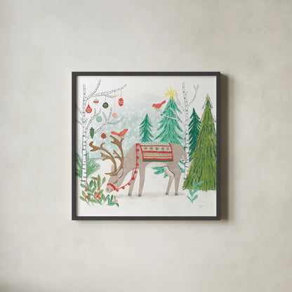 Reindeer Jubilee III by Mary Urban. Shown in a sleek black glass frame for a contemporary gallery look. Available as an archival giclee rolled canvas, fine art paper, or poster print. SKU 57104a.