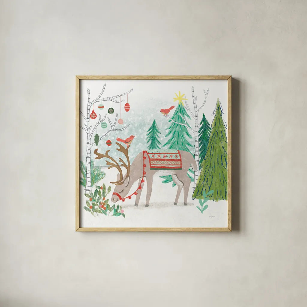 Reindeer Jubilee III by Mary Urban. Shown in a natural wood glass frame for a timeless modern aesthetic. Available as an archival giclee rolled canvas, fine art paper, or poster print. SKU 57104a.