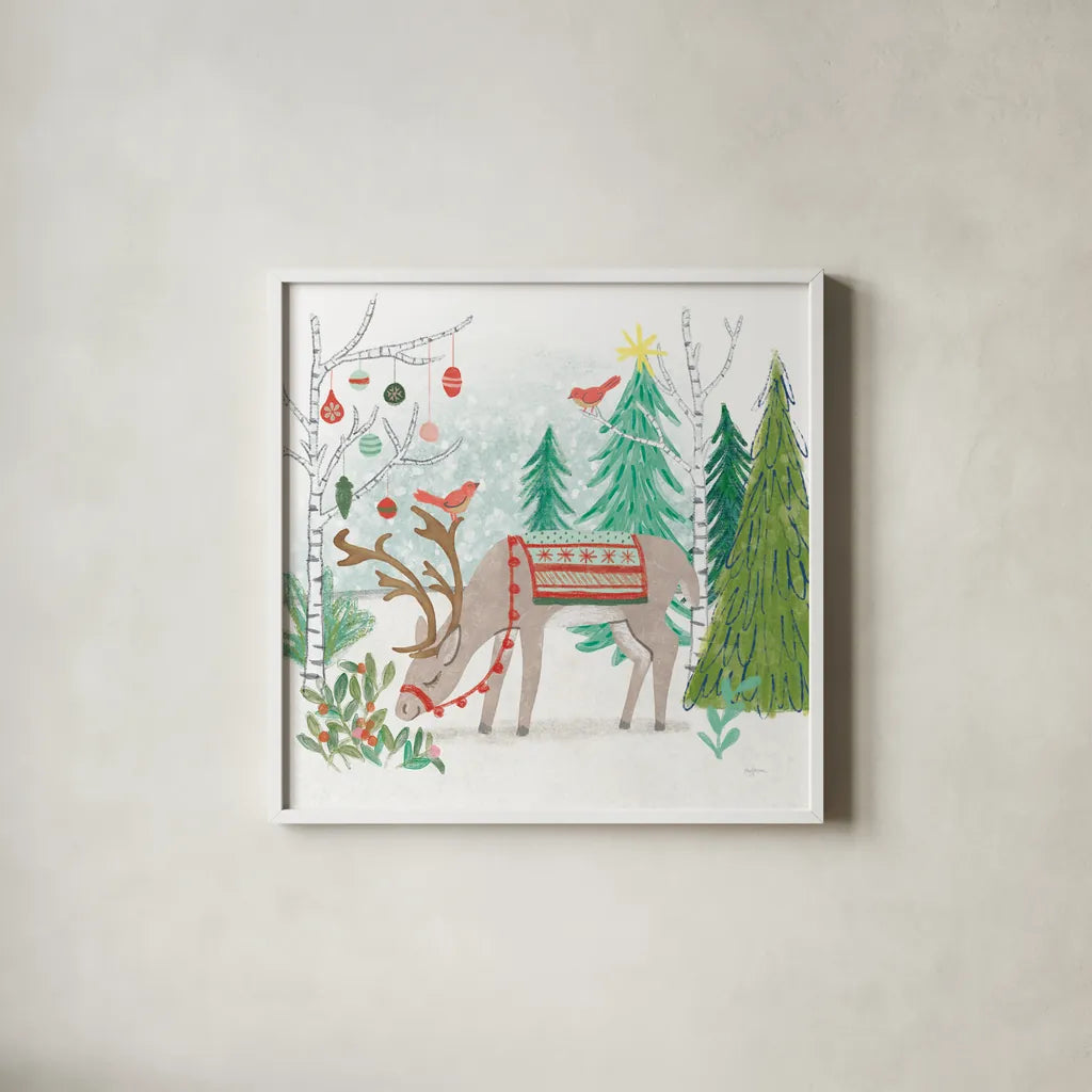 Reindeer Jubilee III by Mary Urban. Shown in a crisp white glass frame for a clean and minimalist style. Available as an archival giclee rolled canvas, fine art paper, or poster print. SKU 57104a.