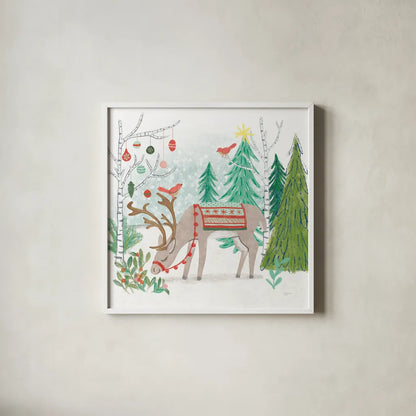 Reindeer Jubilee III by Mary Urban. Shown in a crisp white glass frame for a clean and minimalist style. Available as an archival giclee rolled canvas, fine art paper, or poster print. SKU 57104a.