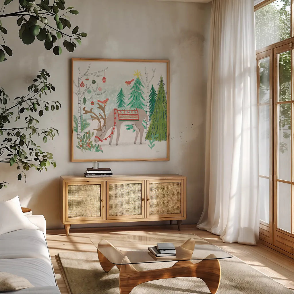 Reindeer Jubilee III by Mary Urban. Shown in a natural wood frame in a cozy modern living room. Available as an archival giclee rolled canvas, fine art paper, or poster print. SKU 57104a.