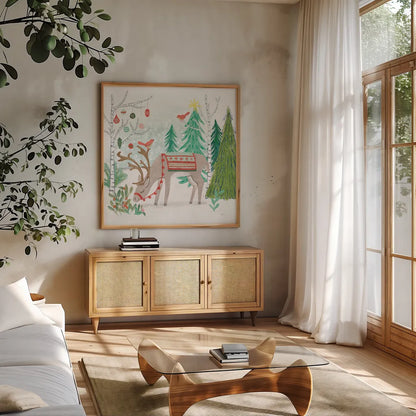 Reindeer Jubilee III by Mary Urban. Shown in a natural wood frame in a cozy modern living room. Available as an archival giclee rolled canvas, fine art paper, or poster print. SKU 57104a.