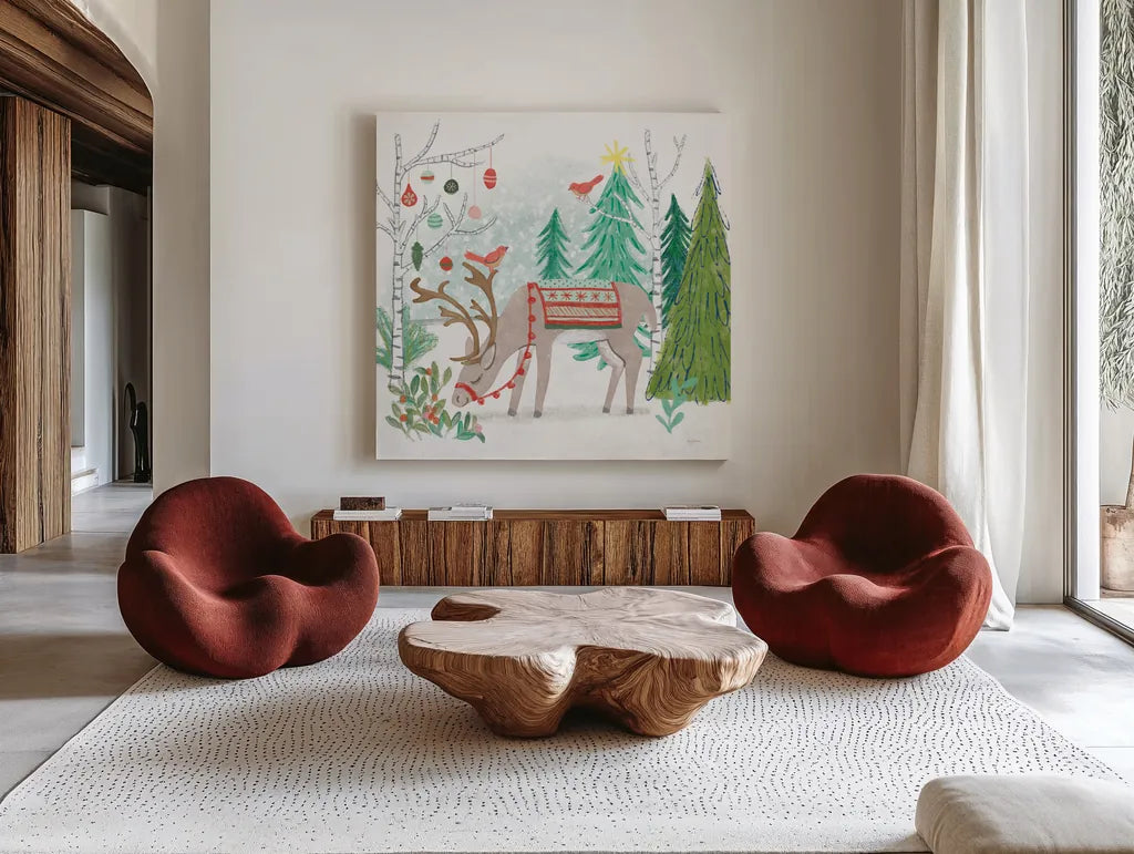 Reindeer Jubilee III by Mary Urban. Shown as extra-large giant wall art in a modern living room. Available as an archival giclee rolled canvas, fine art paper, or poster print. SKU 57104a.