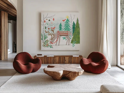 Reindeer Jubilee III by Mary Urban. Shown as extra-large giant wall art in a modern living room. Available as an archival giclee rolled canvas, fine art paper, or poster print. SKU 57104a.