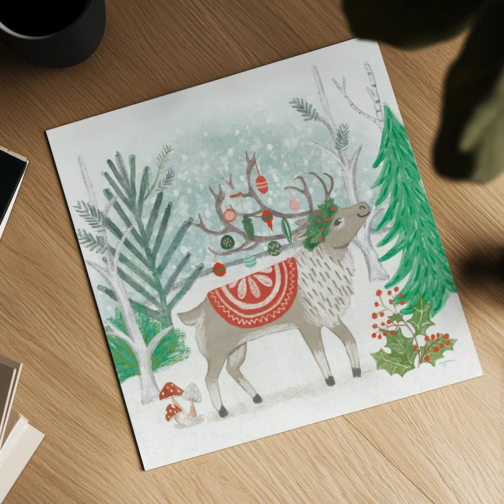 Reindeer Jubilee IV by Mary Urban. Shown as a detailed flat fine art print, highlighting archival giclee quality. Available as an archival giclee rolled canvas, fine art paper, or poster print. SKU 57105a.