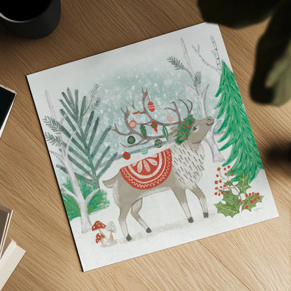Reindeer Jubilee IV by Mary Urban. Shown as a detailed flat fine art print, highlighting archival giclee quality. Available as an archival giclee rolled canvas, fine art paper, or poster print. SKU 57105a.