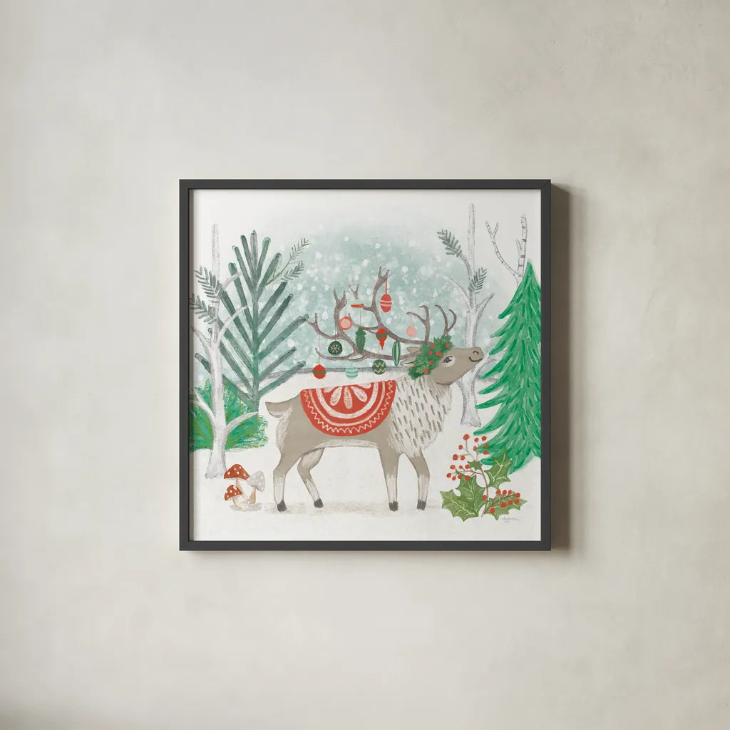 Reindeer Jubilee IV by Mary Urban. Shown in a sleek black glass frame for a contemporary gallery look. Available as an archival giclee rolled canvas, fine art paper, or poster print. SKU 57105a.