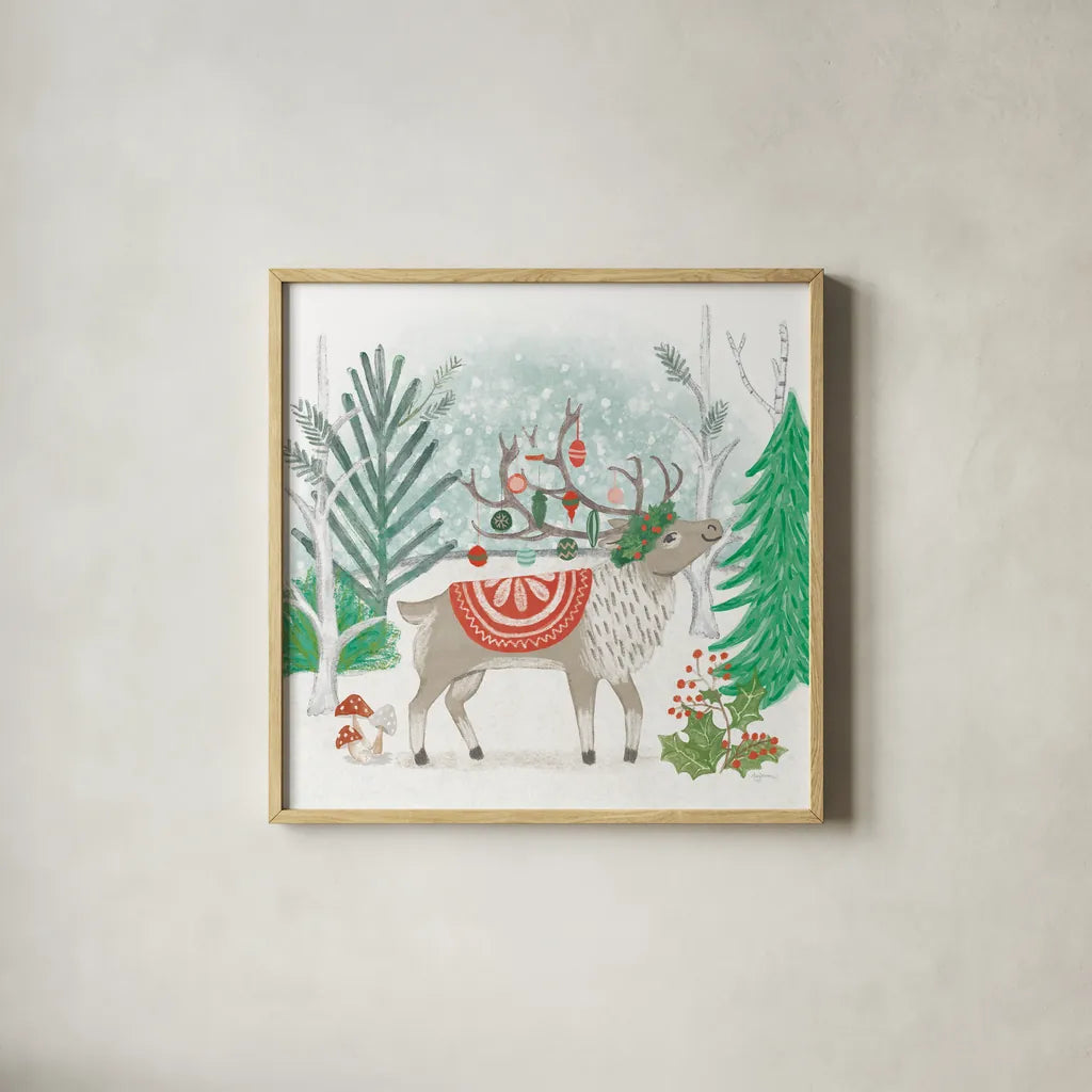Reindeer Jubilee IV by Mary Urban. Shown in a natural wood glass frame for a timeless modern aesthetic. Available as an archival giclee rolled canvas, fine art paper, or poster print. SKU 57105a.