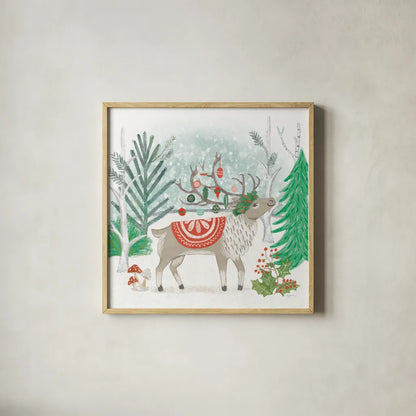 Reindeer Jubilee IV by Mary Urban. Shown in a natural wood glass frame for a timeless modern aesthetic. Available as an archival giclee rolled canvas, fine art paper, or poster print. SKU 57105a.