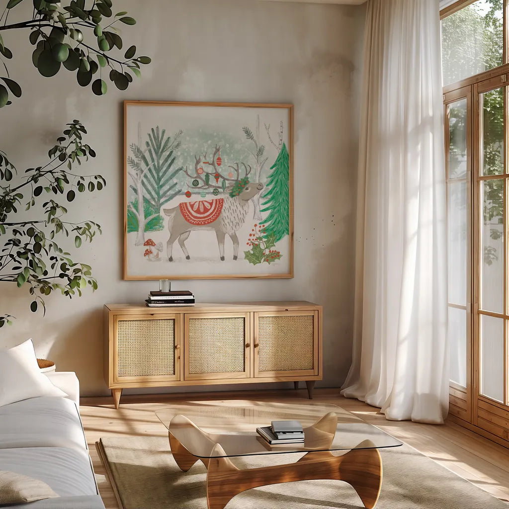 Reindeer Jubilee IV by Mary Urban. Shown in a natural wood frame in a cozy modern living room. Available as an archival giclee rolled canvas, fine art paper, or poster print. SKU 57105a.