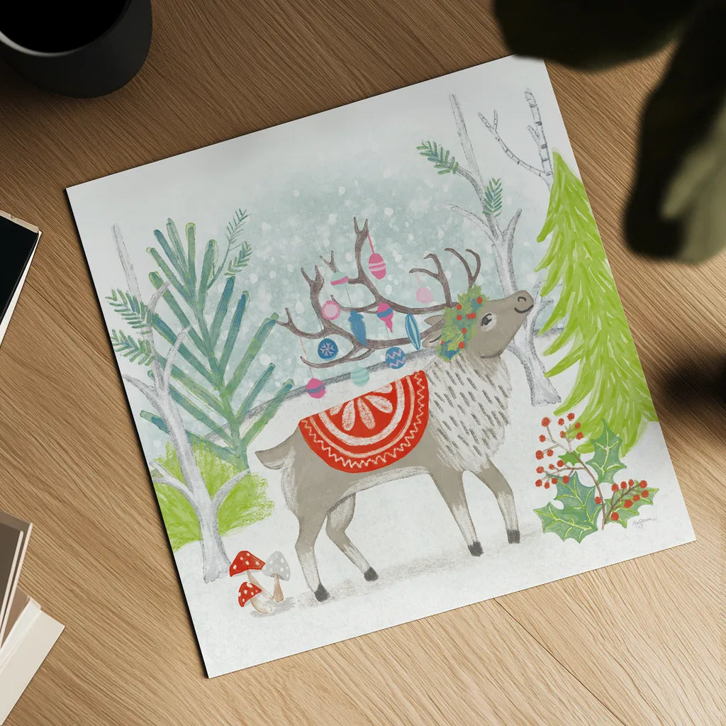 Reindeer Jubilee IV Bright by Mary Urban. Shown as a detailed flat fine art print, highlighting archival giclee quality. Available as an archival giclee rolled canvas, fine art paper, or poster print. SKU 65291a.