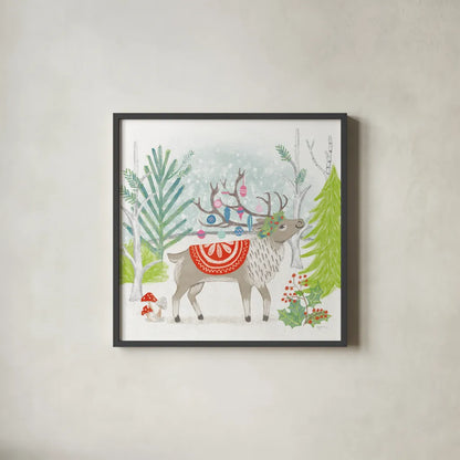 Reindeer Jubilee IV Bright by Mary Urban. Shown in a sleek black glass frame for a contemporary gallery look. Available as an archival giclee rolled canvas, fine art paper, or poster print. SKU 65291a.