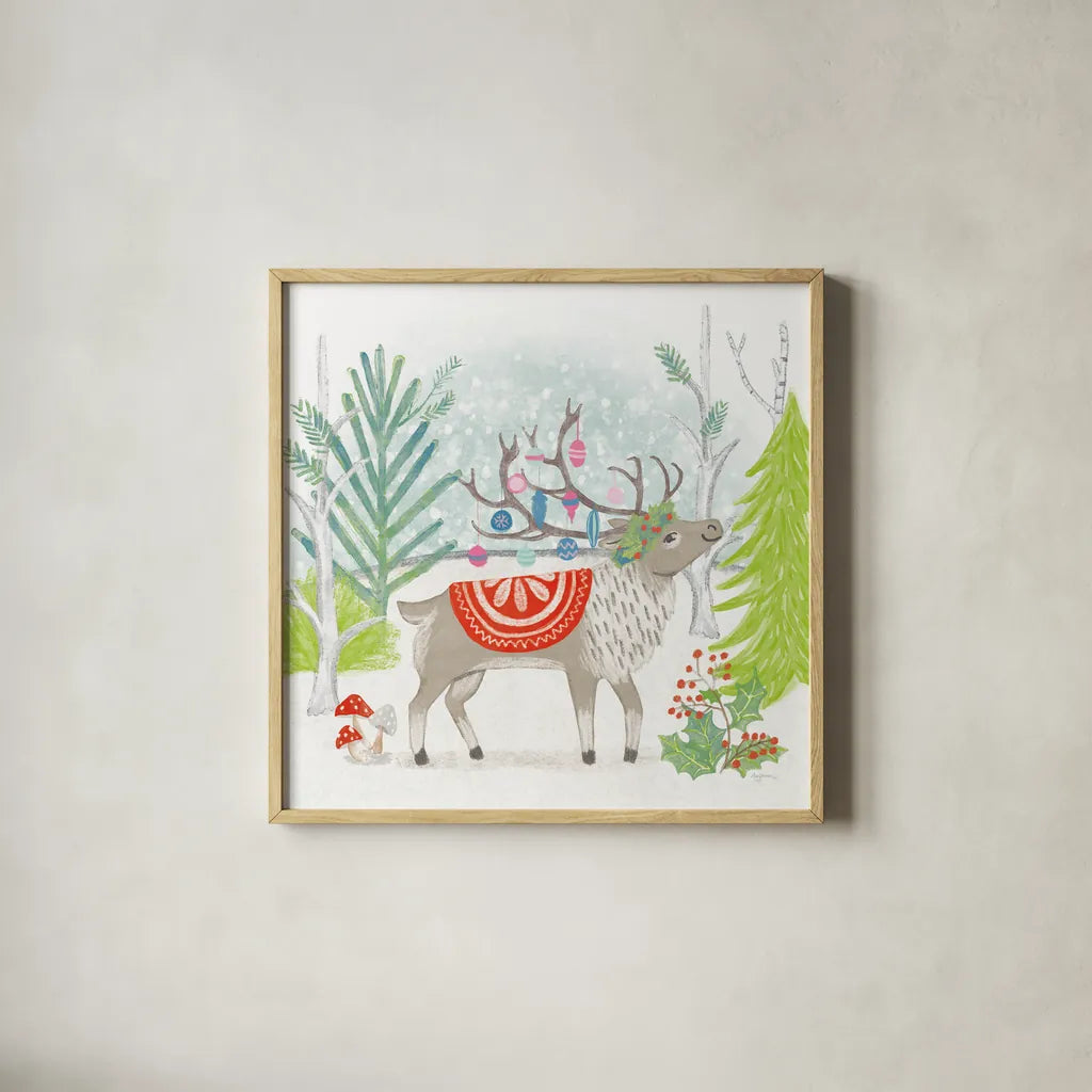 Reindeer Jubilee IV Bright by Mary Urban. Shown in a natural wood glass frame for a timeless modern aesthetic. Available as an archival giclee rolled canvas, fine art paper, or poster print. SKU 65291a.