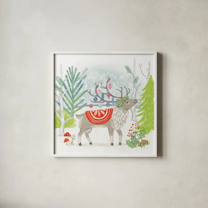 Reindeer Jubilee IV Bright by Mary Urban. Shown in a crisp white glass frame for a clean and minimalist style. Available as an archival giclee rolled canvas, fine art paper, or poster print. SKU 65291a.