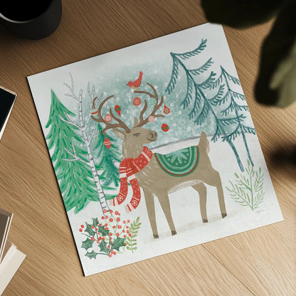 Reindeer Jubilee V by Mary Urban. Shown as a detailed flat fine art print, highlighting archival giclee quality. Available as an archival giclee rolled canvas, fine art paper, or poster print. SKU 57106a.