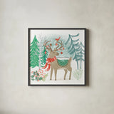 Reindeer Jubilee V by Mary Urban. Shown in a sleek black glass frame for a contemporary gallery look. Available as an archival giclee rolled canvas, fine art paper, or poster print. SKU 57106a.