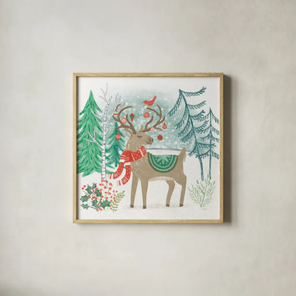 Reindeer Jubilee V by Mary Urban. Shown in a natural wood glass frame for a timeless modern aesthetic. Available as an archival giclee rolled canvas, fine art paper, or poster print. SKU 57106a.