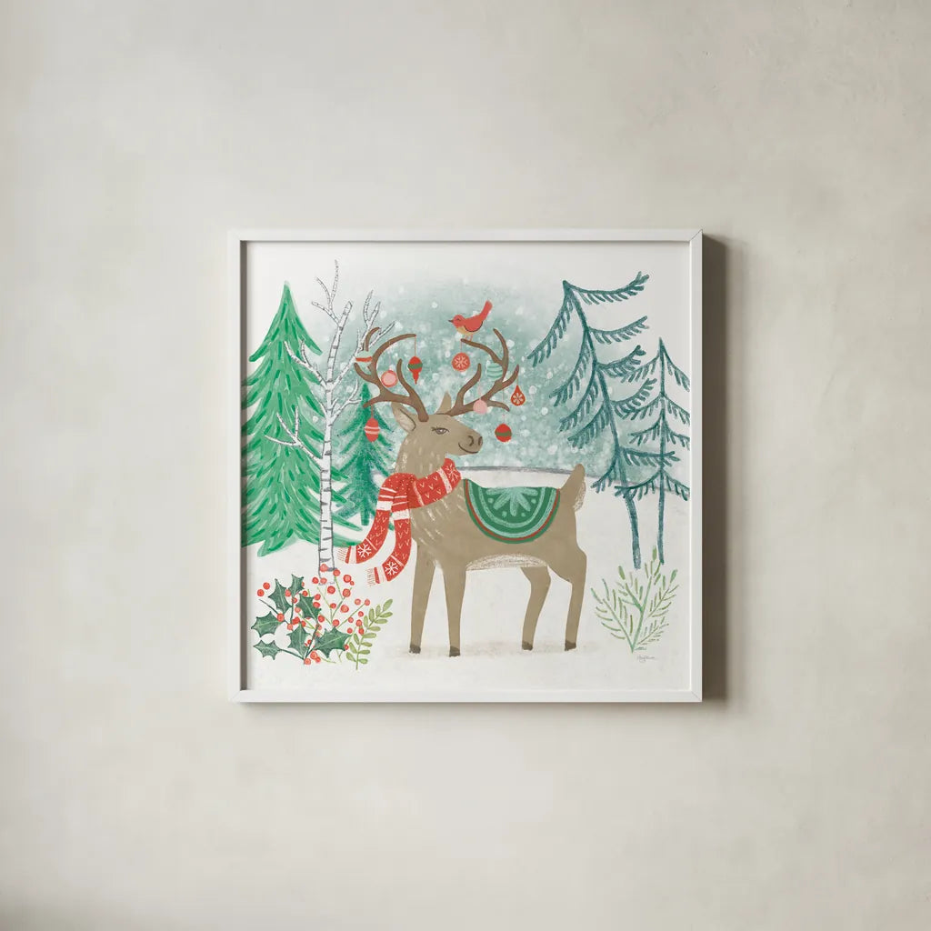 Reindeer Jubilee V by Mary Urban. Shown in a crisp white glass frame for a clean and minimalist style. Available as an archival giclee rolled canvas, fine art paper, or poster print. SKU 57106a.