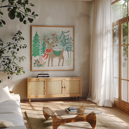 Reindeer Jubilee V by Mary Urban. Shown in a natural wood frame in a cozy modern living room. Available as an archival giclee rolled canvas, fine art paper, or poster print. SKU 57106a.