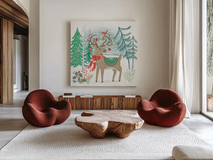Reindeer Jubilee V by Mary Urban. Shown as extra-large giant wall art in a modern living room. Available as an archival giclee rolled canvas, fine art paper, or poster print. SKU 57106a.