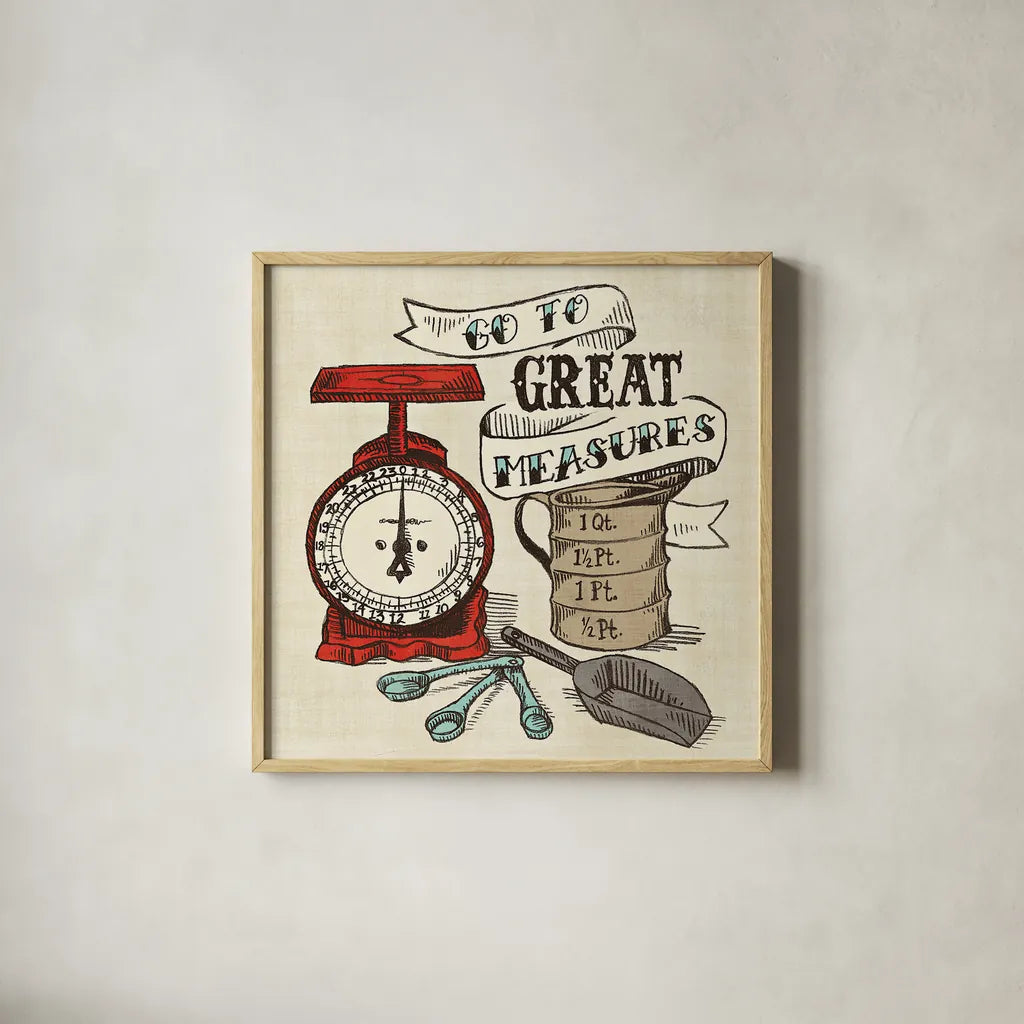 Retro Bakery Blue I by Mary Urban. Shown in a natural wood glass frame for a timeless modern aesthetic. Available as an archival giclee rolled canvas, fine art paper, or poster print. SKU 17924a.