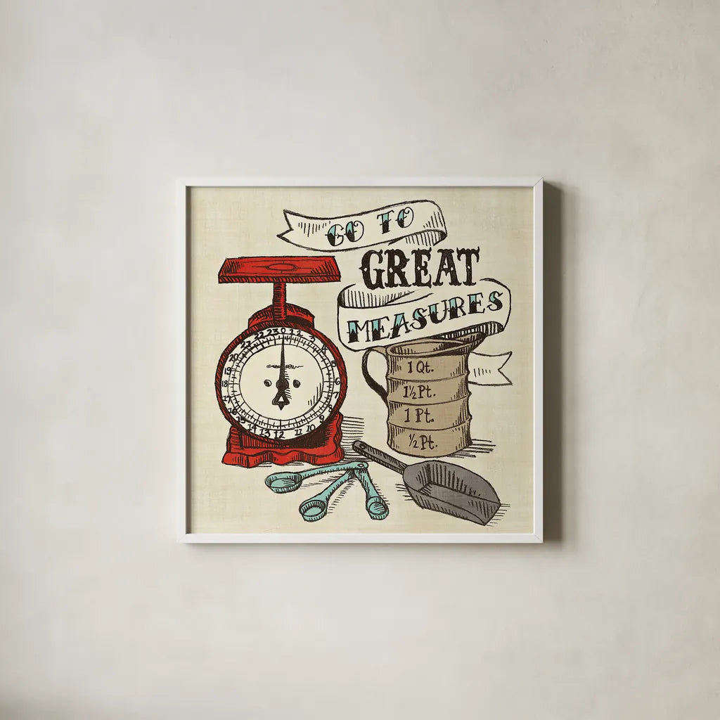 Retro Bakery Blue I by Mary Urban. Shown in a crisp white glass frame for a clean and minimalist style. Available as an archival giclee rolled canvas, fine art paper, or poster print. SKU 17924a.