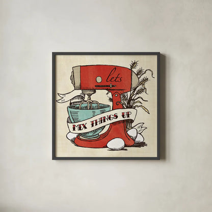 Retro Bakery Blue II by Mary Urban. Shown in a sleek black glass frame for a contemporary gallery look. Available as an archival giclee rolled canvas, fine art paper, or poster print. SKU 17925a.